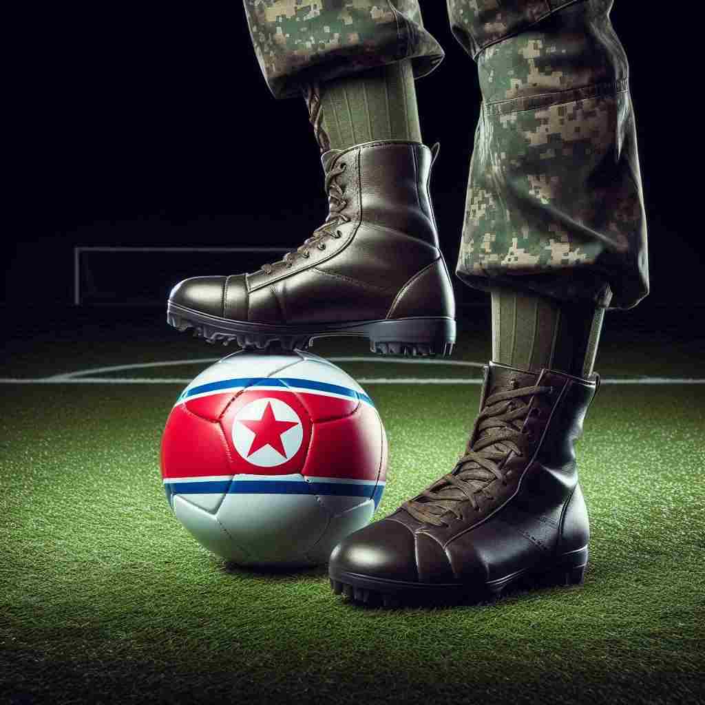 A military boot standing on a football