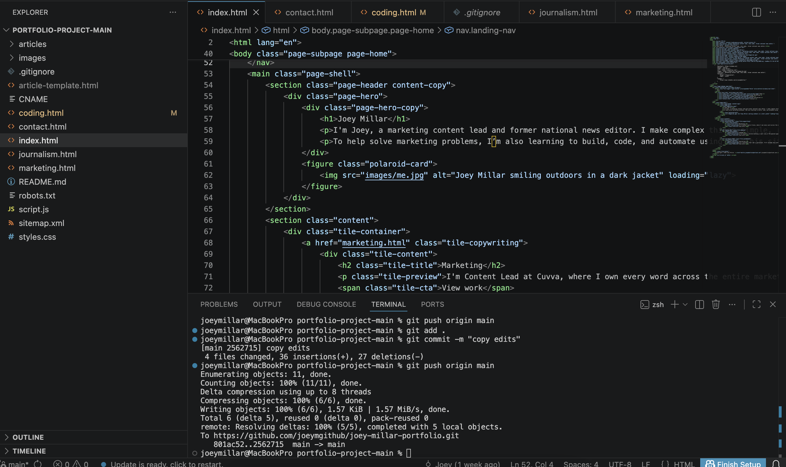 Screenshot of this portfolio site being edited in a code editor
